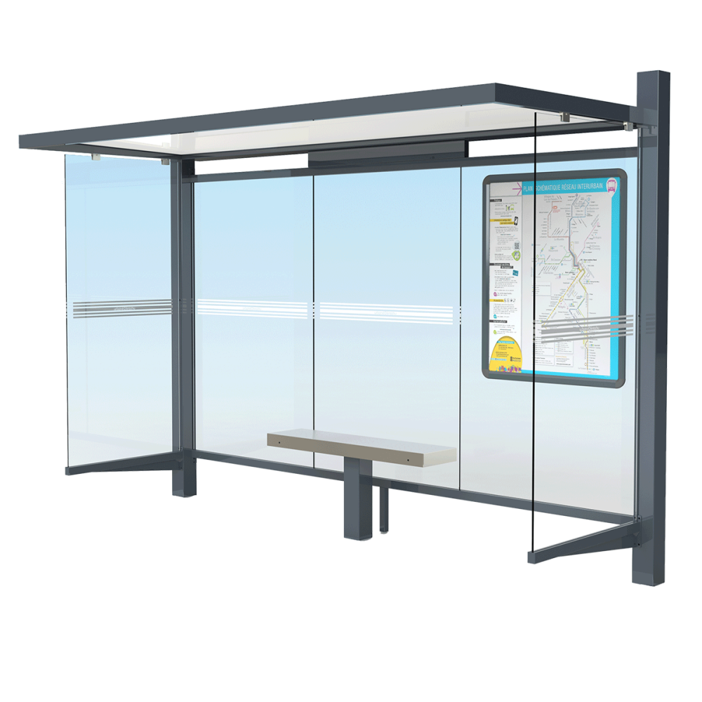Abri voyageurs CIRRUS standard Urbanéo modèle 3D avec cadre plan réseau de transport en commun et horaires bus