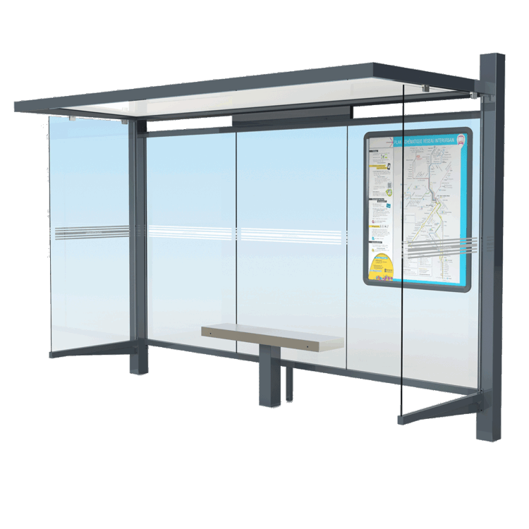 Abri voyageurs CIRRUS standard Urbanéo modèle 3D avec cadre plan réseau de transport en commun et horaires bus