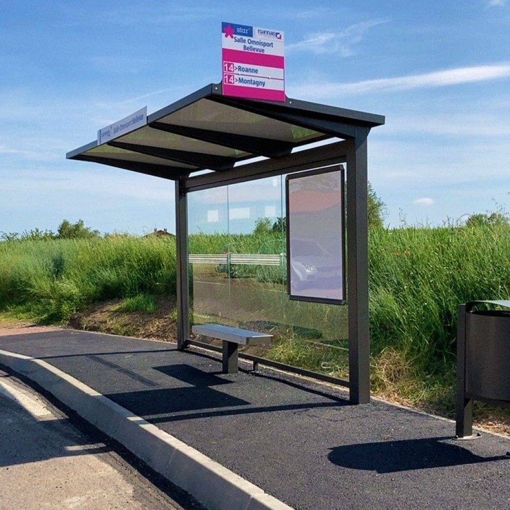 Abri HELIOS Auvent équipement cadre clic clac banc et tête d'abri point d'arrêt étroit agglomération Roannais