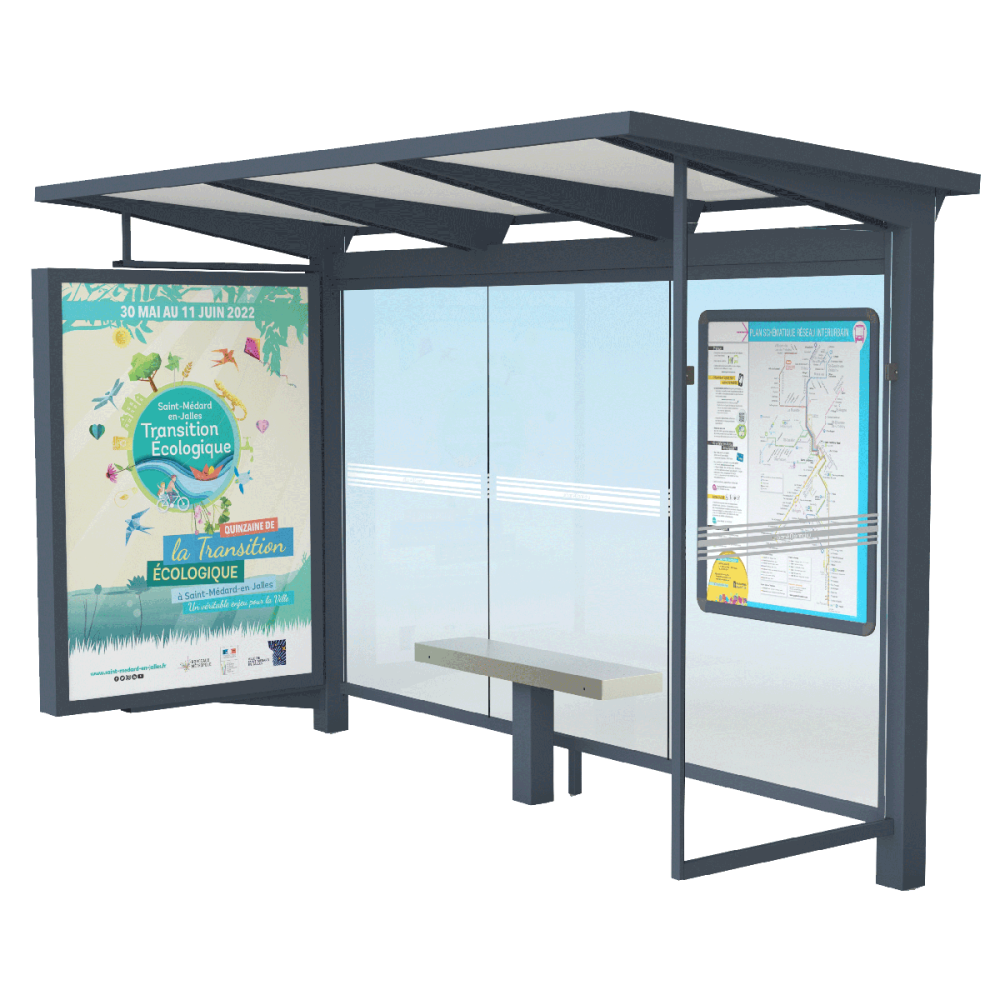 Modèle 3D abri HELIOS standard Urbanéo à Caisson Publicitaire avec banc et cadre clic-clac