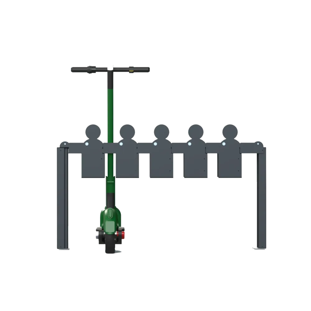 Visuel 3D vue de face du range-trottinettes E-TROTYX Urbanéo avec stationnement d'une trottinette verte